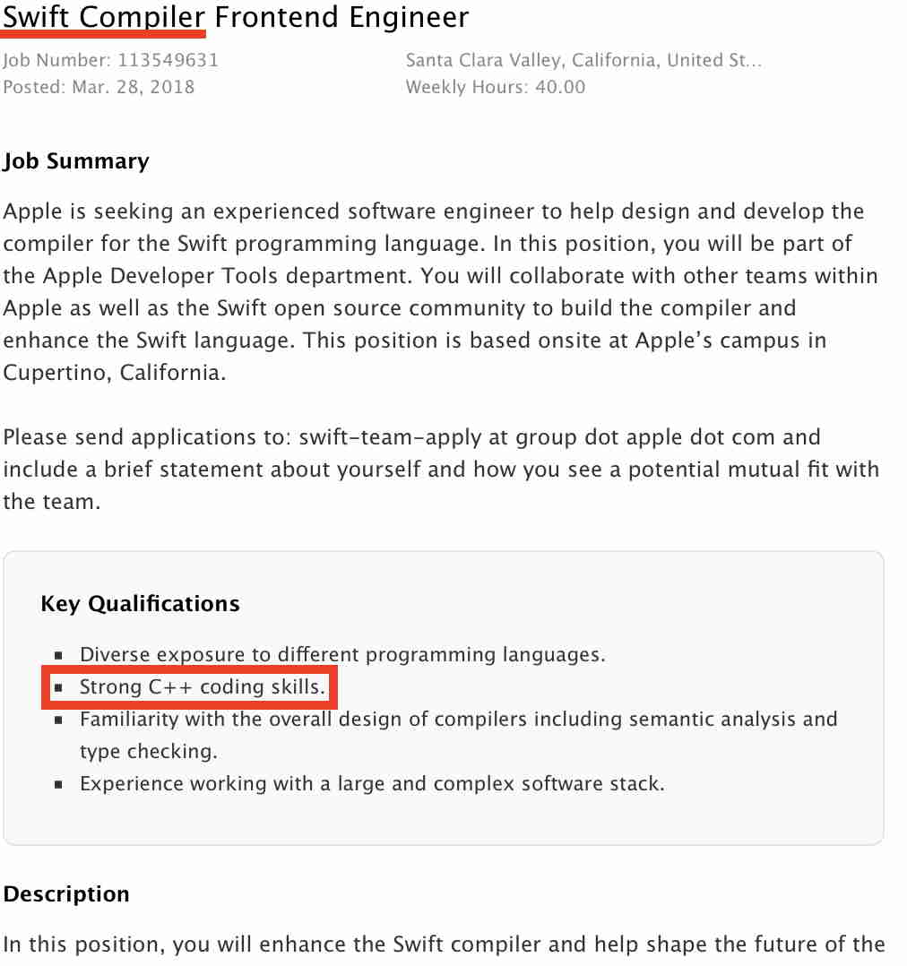 Apple Stellenanzeige für Swift-Compiler-Entwickler mit Kenntnissen in C++
